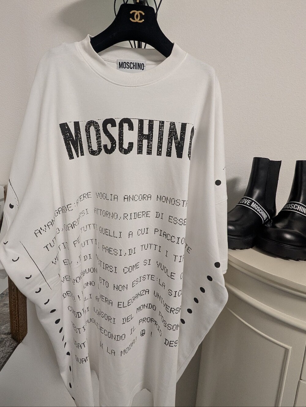 Moschino White Mini-dress with Black Logo and Script Accents. Size L